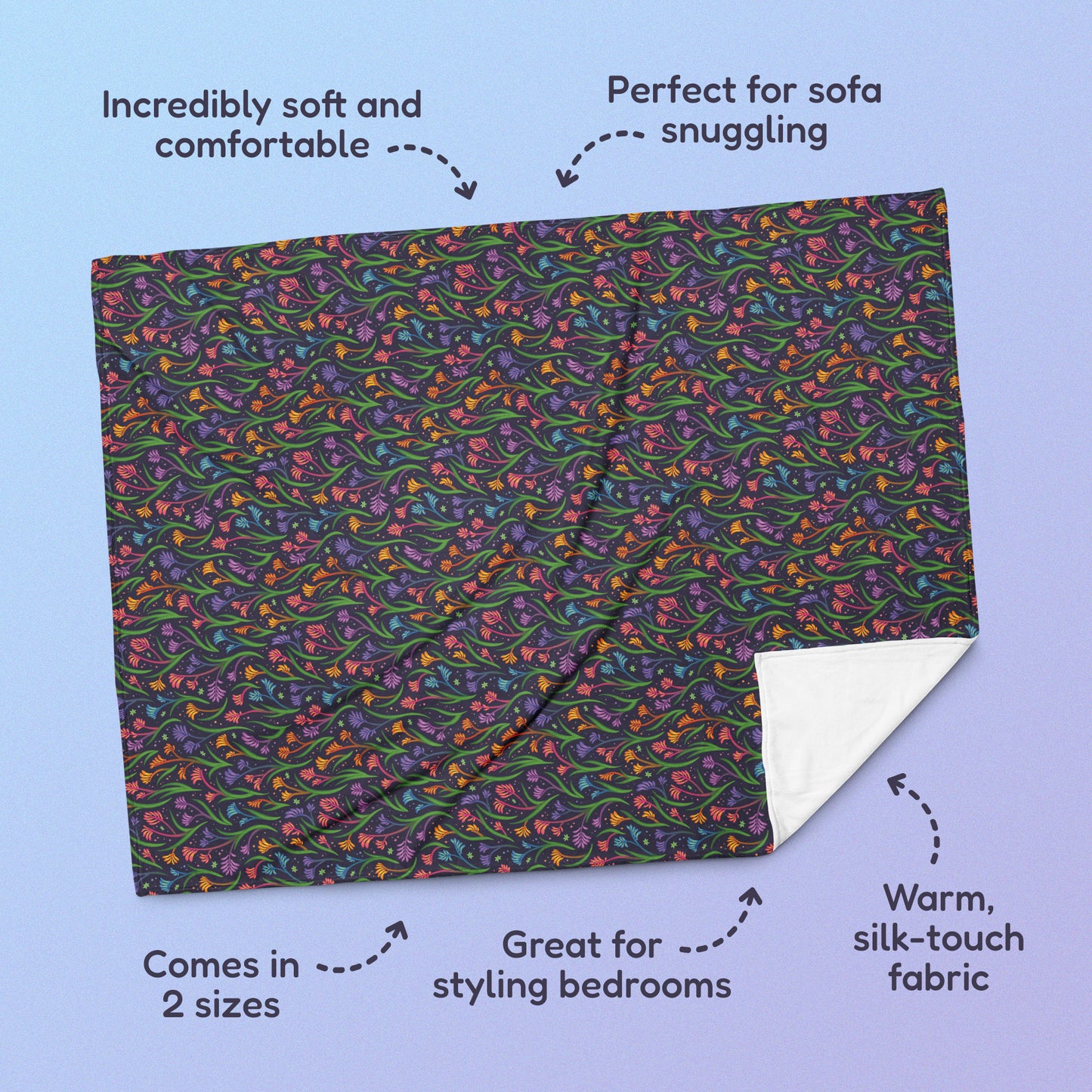 Features & benefits (Incredibly soft & comfortable', 'Perfect for sofa snuggling', 'Comes in 2 sizes', 'Great for styling bedrooms', 'Warm silk-touch fabric') surrounding a rainbow kangaroo paw flower pattern blanket on a blue and purple gradient background.