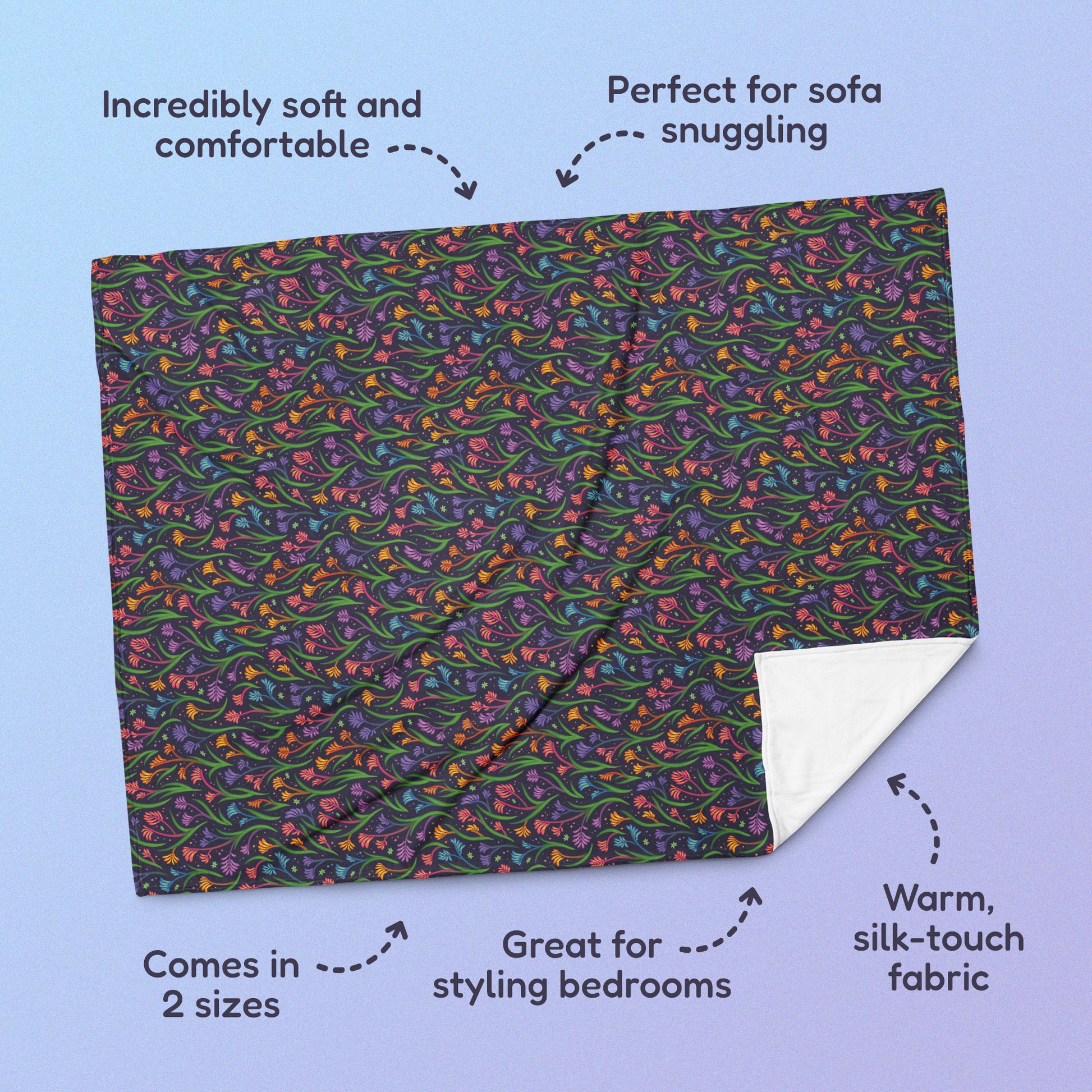 Features & benefits (Incredibly soft & comfortable', 'Perfect for sofa snuggling', 'Comes in 2 sizes', 'Great for styling bedrooms', 'Warm silk-touch fabric') surrounding a rainbow kangaroo paw flower pattern blanket on a blue and purple gradient background.