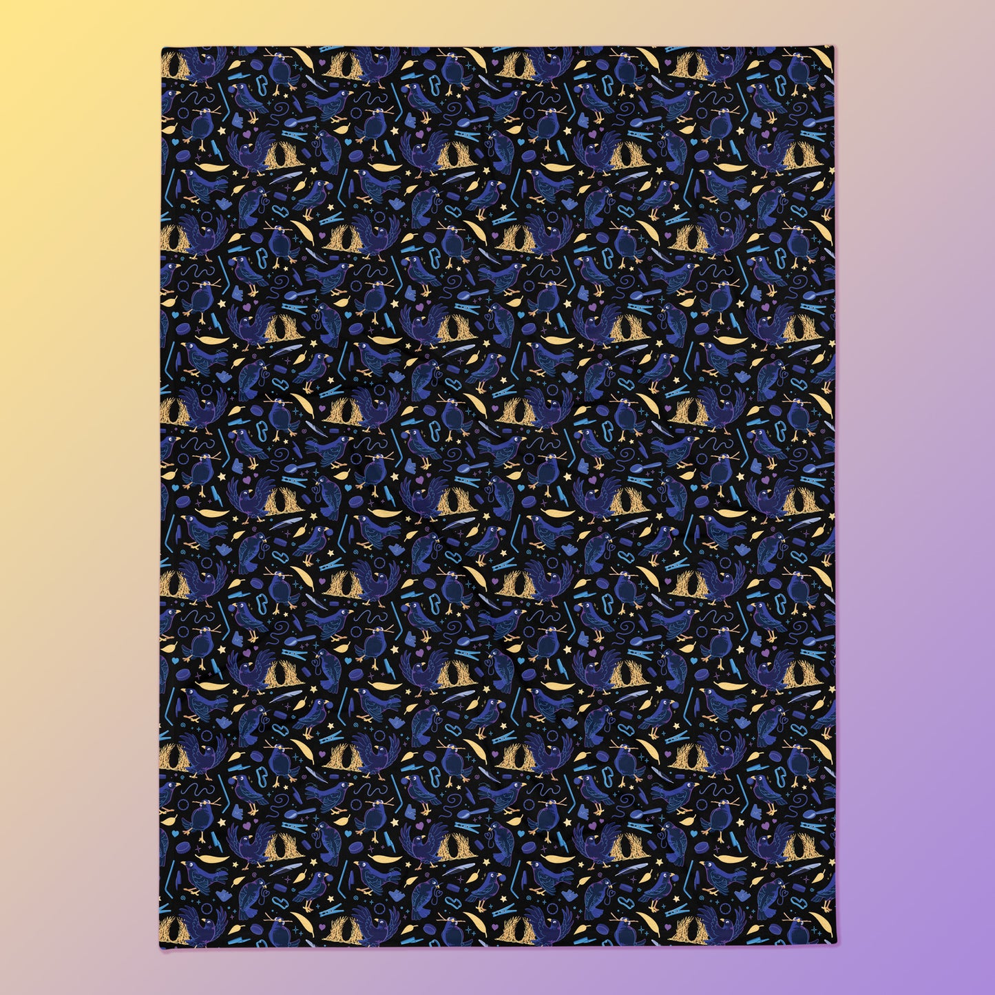 A black, blue, purple and yellow male Aussie satin bowerbird pattern blanket on a yellow and purple gradient background.
