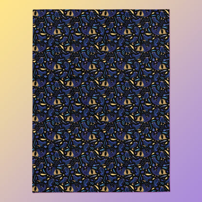 A black, blue, purple and yellow male Aussie satin bowerbird pattern blanket on a yellow and purple gradient background.