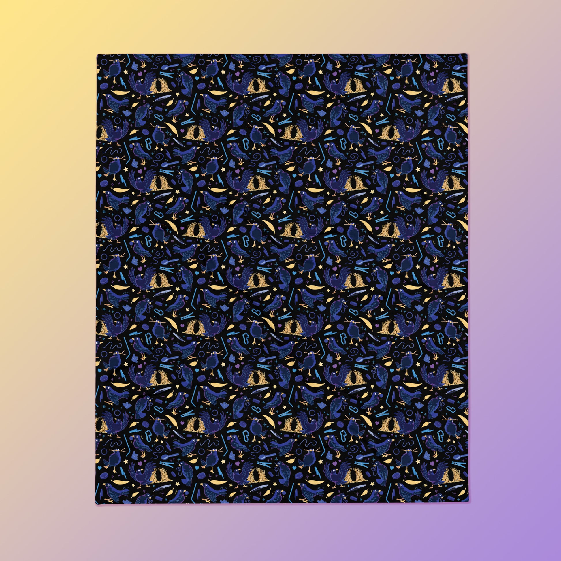 A black, blue, purple and yellow male Aussie satin bowerbird pattern blanket on a yellow and purple gradient background.