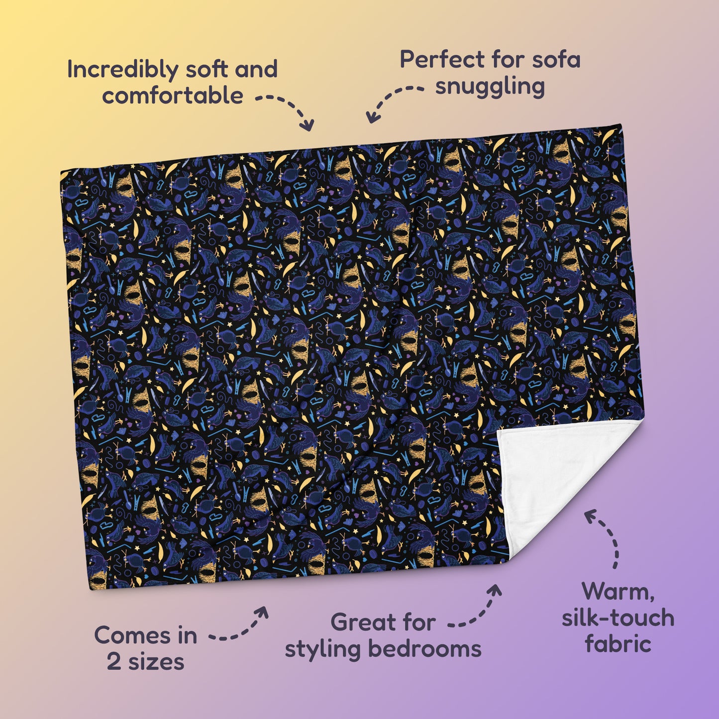 Features & benefits (Incredibly soft & comfortable', 'Perfect for sofa snuggling', 'Comes in 2 sizes', 'Great for styling bedrooms', 'Warm silk-touch fabric') surrounding a black, blue, purple and yellow male Aussie satin bowerbird pattern blanket on a yellow and purple gradient background.