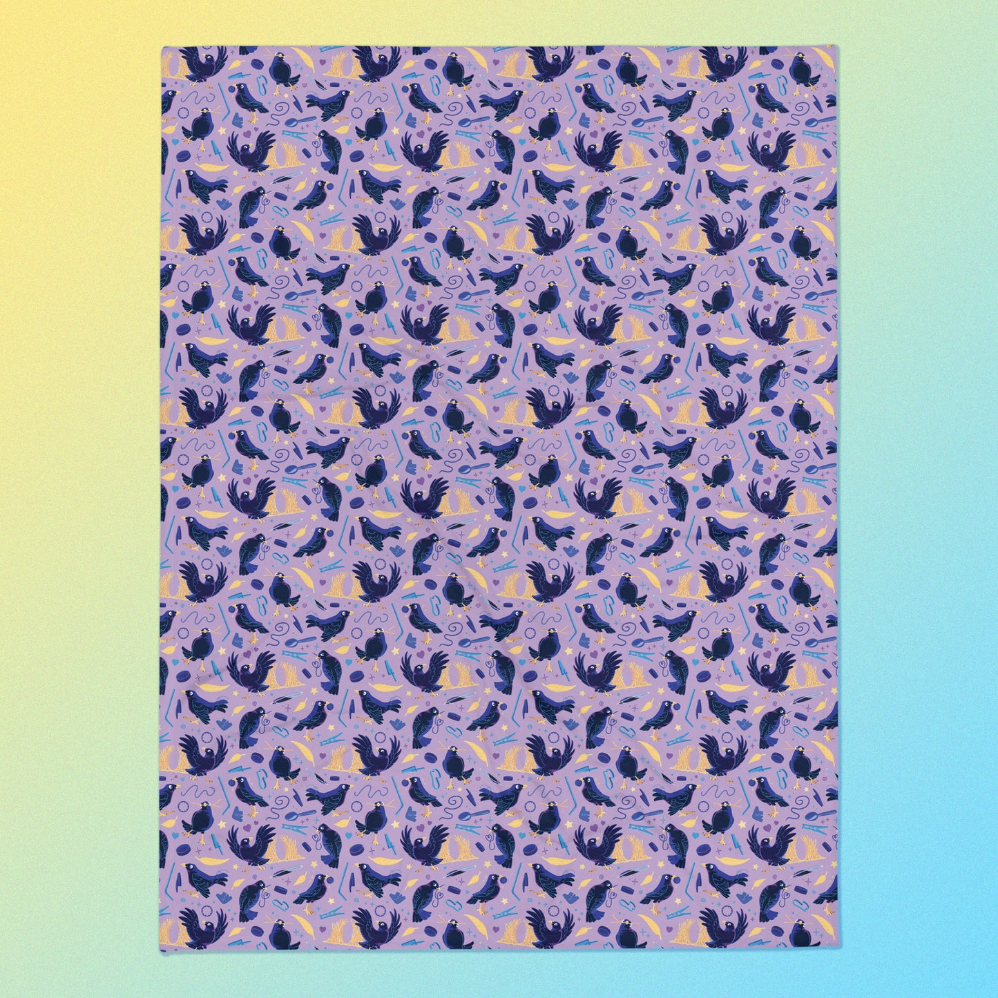 A purple, blue and yellow male Aussie satin bowerbird pattern blanket on a yellow and blue gradient background.