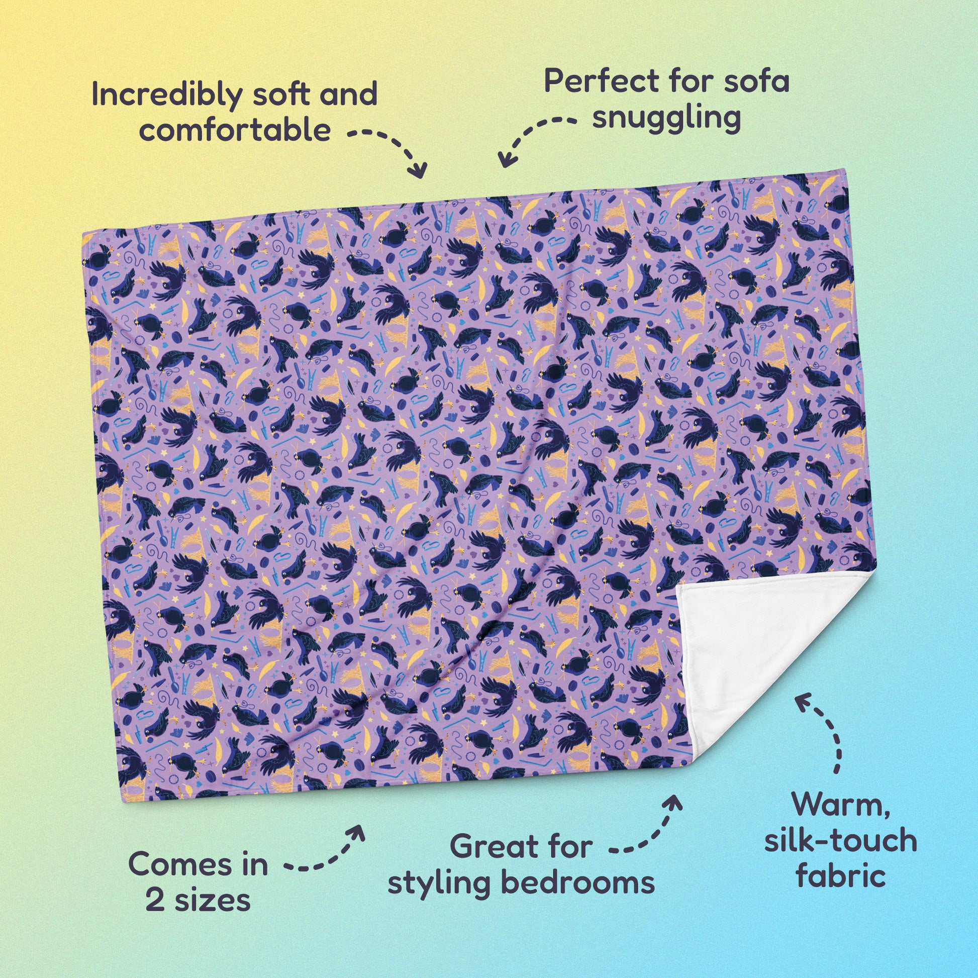 Features & benefits (Incredibly soft & comfortable', 'Perfect for sofa snuggling', 'Comes in 2 sizes', 'Great for styling bedrooms', 'Warm silk-touch fabric') surrounding a purple, blue and yellow male Aussie satin bowerbird pattern blanket on a yellow and blue gradient background.
