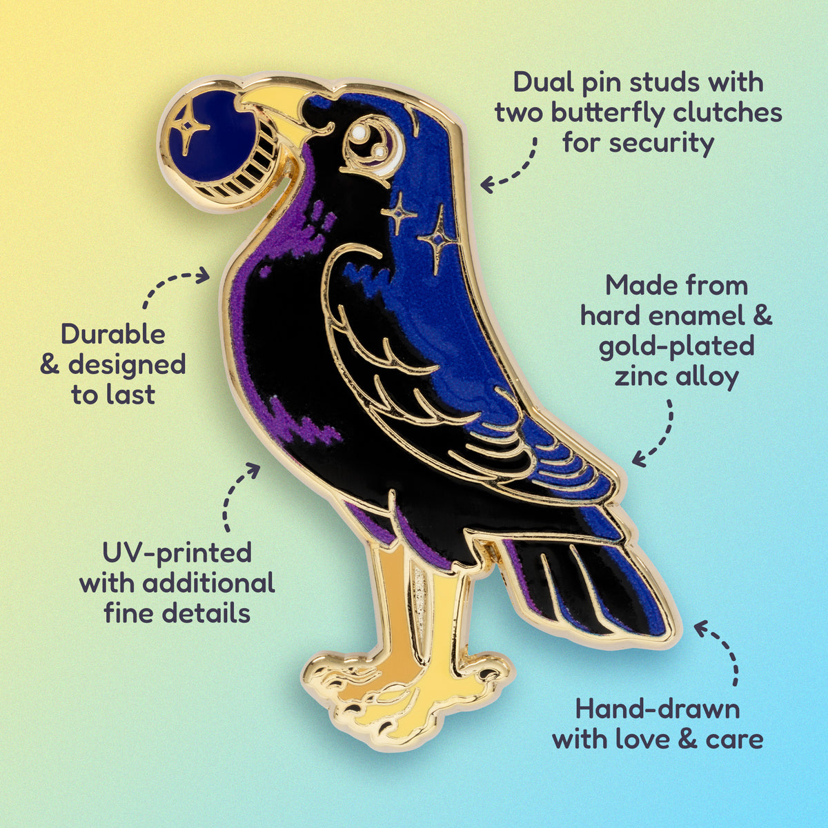 Features & benefits (Dual pin studs with two butterfly clutches for security, durable and designed to last, made from hard enamel & gold-plated zinc alloy, hand-drawn with love & care, UV-printed with additional fine details) surrounding a gold-plated satin bowerbird hard enamel pin on a blue and yellow gradient background.