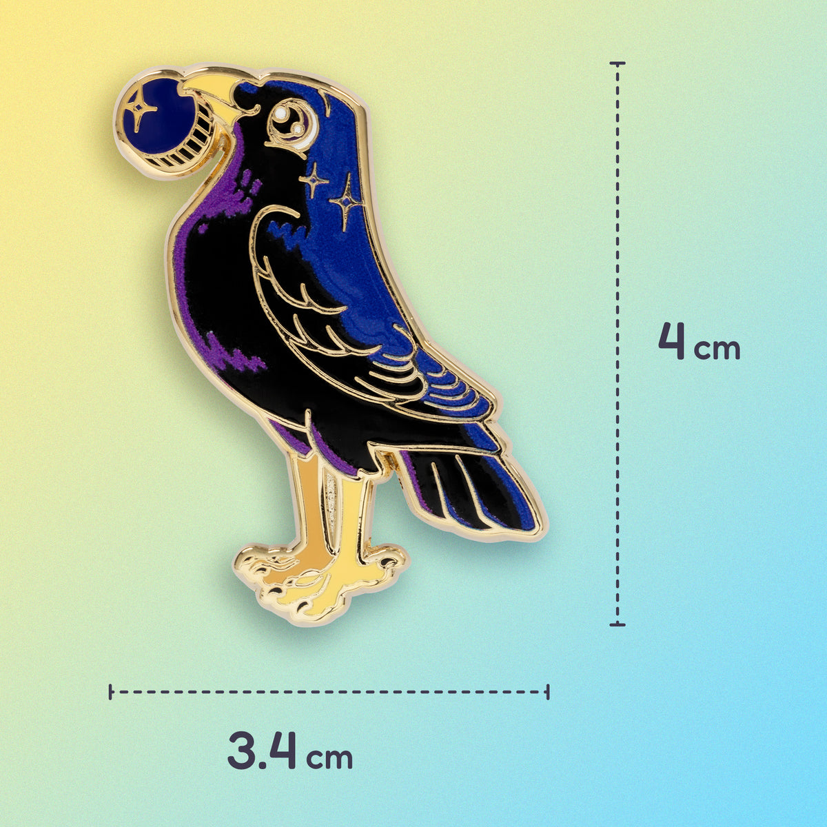 3.x4x4cm gold-plated satin bowerbird hard enamel pin on a blue and yellow gradient background.