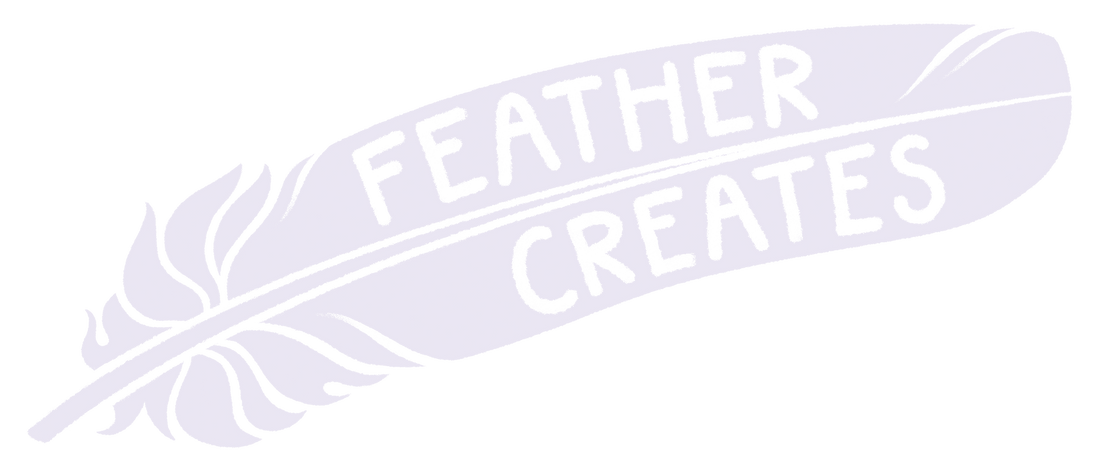 Logo of 'Feather Creates' with a white feather design on a clear background