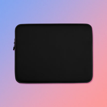 Laptop sleeve with plain black fabric on one side and a colourful green, red, blue and pink crimson rosella pattern on the other on a pink and blue gradient background.