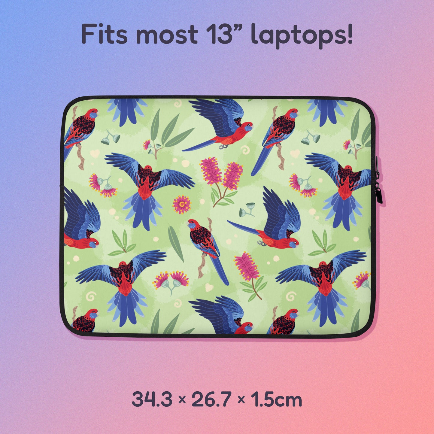 34.3 x 26.7 x 1.5cm 13" laptop sleeve with a colourful green, red, blue and pink crimson rosella pattern on a pink and blue gradient background.