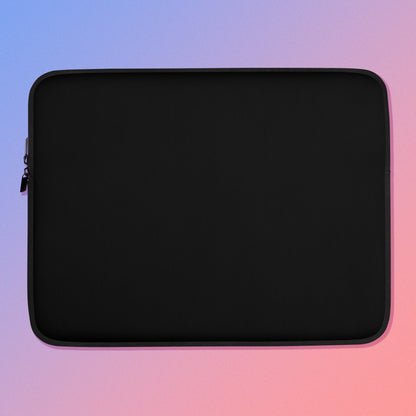 Laptop sleeve with plain black fabric on one side and a colourful green, red, blue and pink crimson rosella pattern on the other on a pink and blue gradient background.