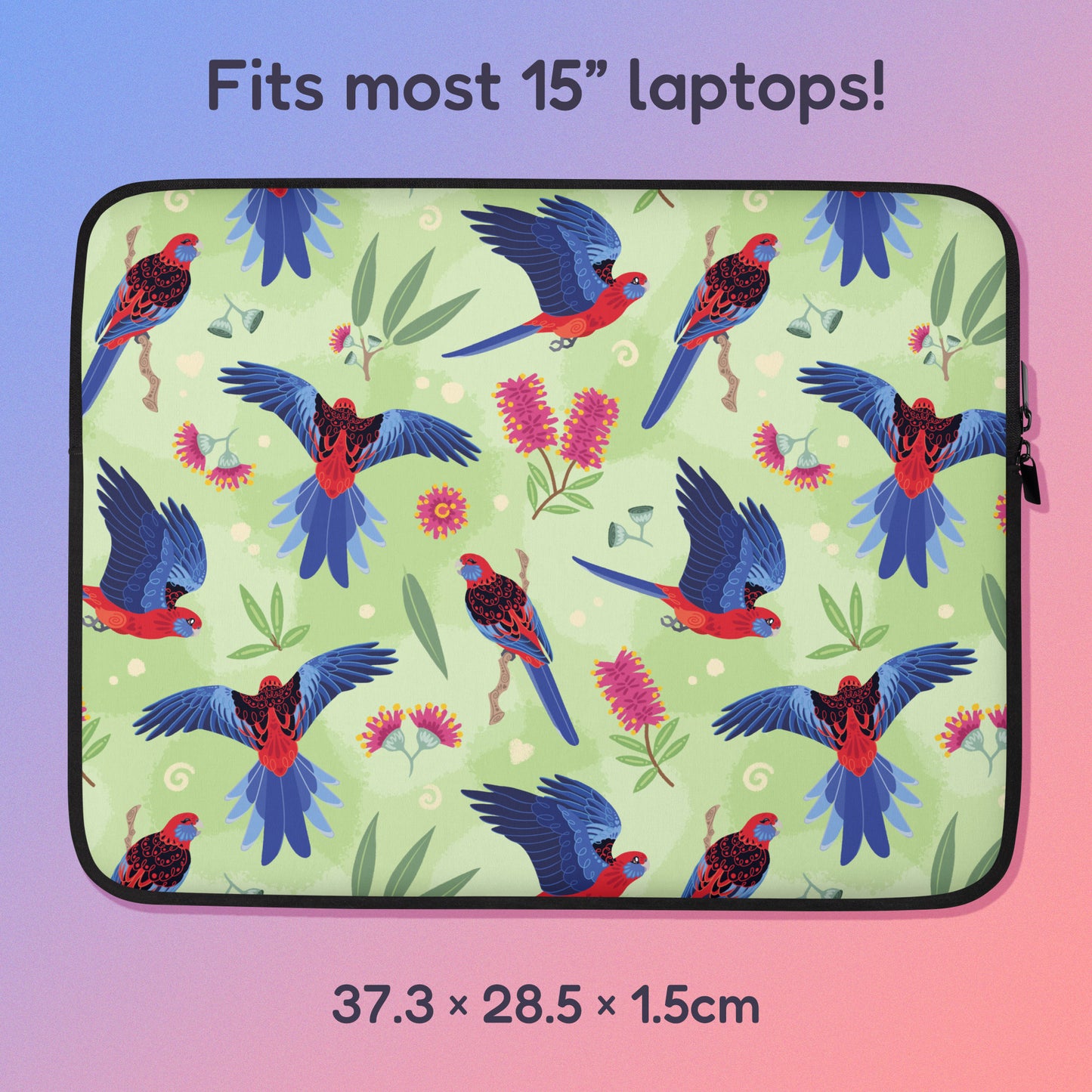 37.3 x 28.5 x 1.5cm 15" laptop sleeve with a colourful green, red, blue and pink crimson rosella pattern on a pink and blue gradient background.