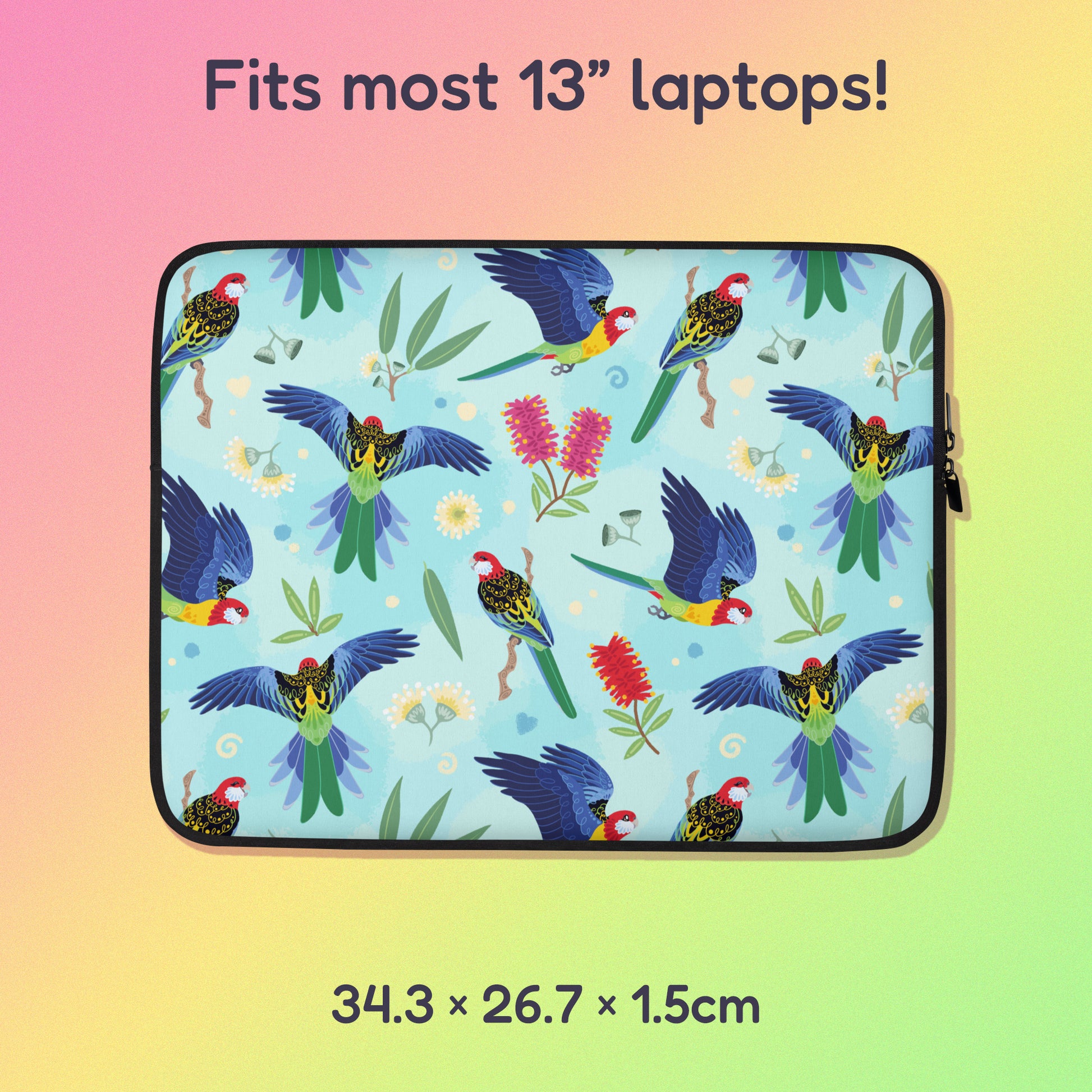 34.3 x 26.7 x 1.5cm 13" laptop sleeve with a colourful rainbow, blue, green, red and pink Eastern Rosella pattern on a pink, yellow and green gradient background.