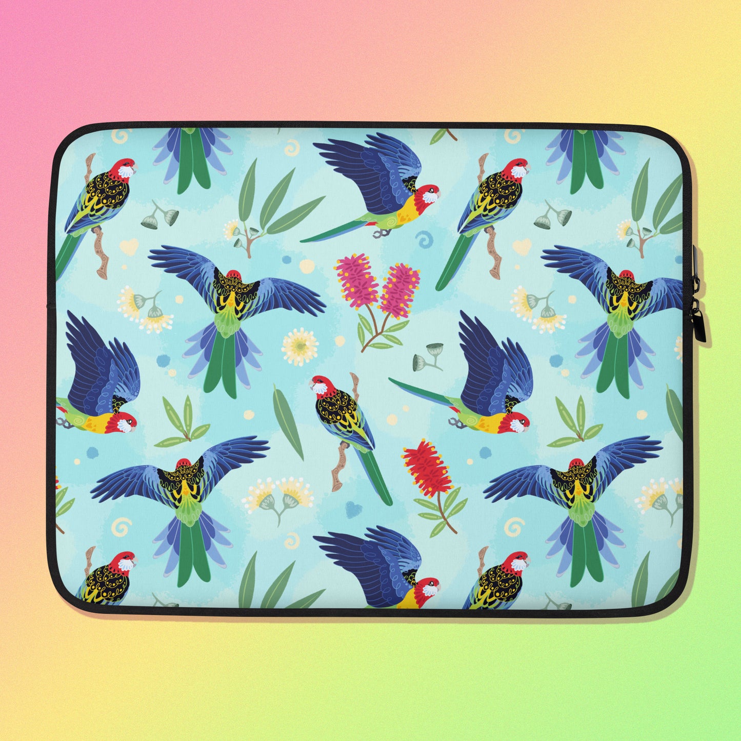 Laptop sleeve with a colourful rainbow, blue, green, red and pink Eastern Rosella pattern on a pink, yellow and green gradient background.