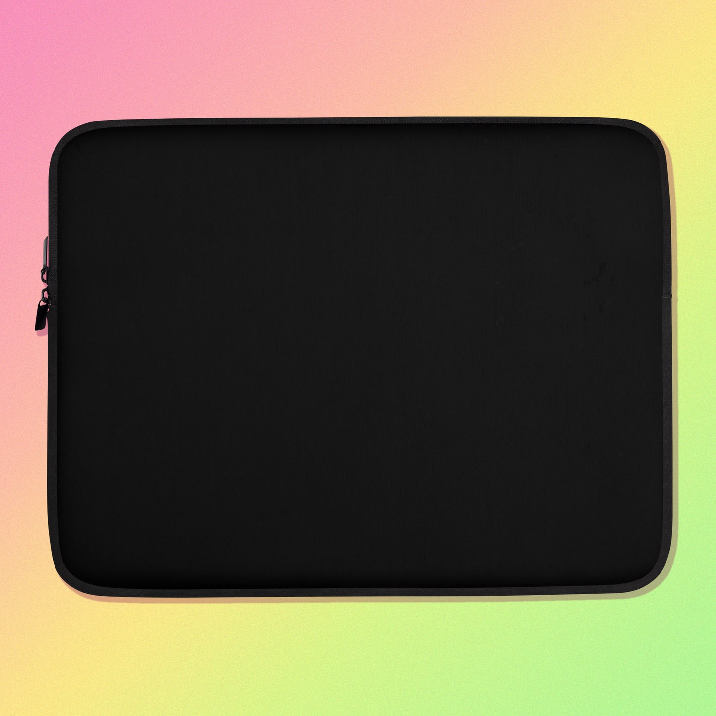Laptop sleeve with plain black fabric on one side and a colourful rainbow, blue, green, red and pink Eastern Rosella pattern on the other on on a pink, yellow and green gradient background.