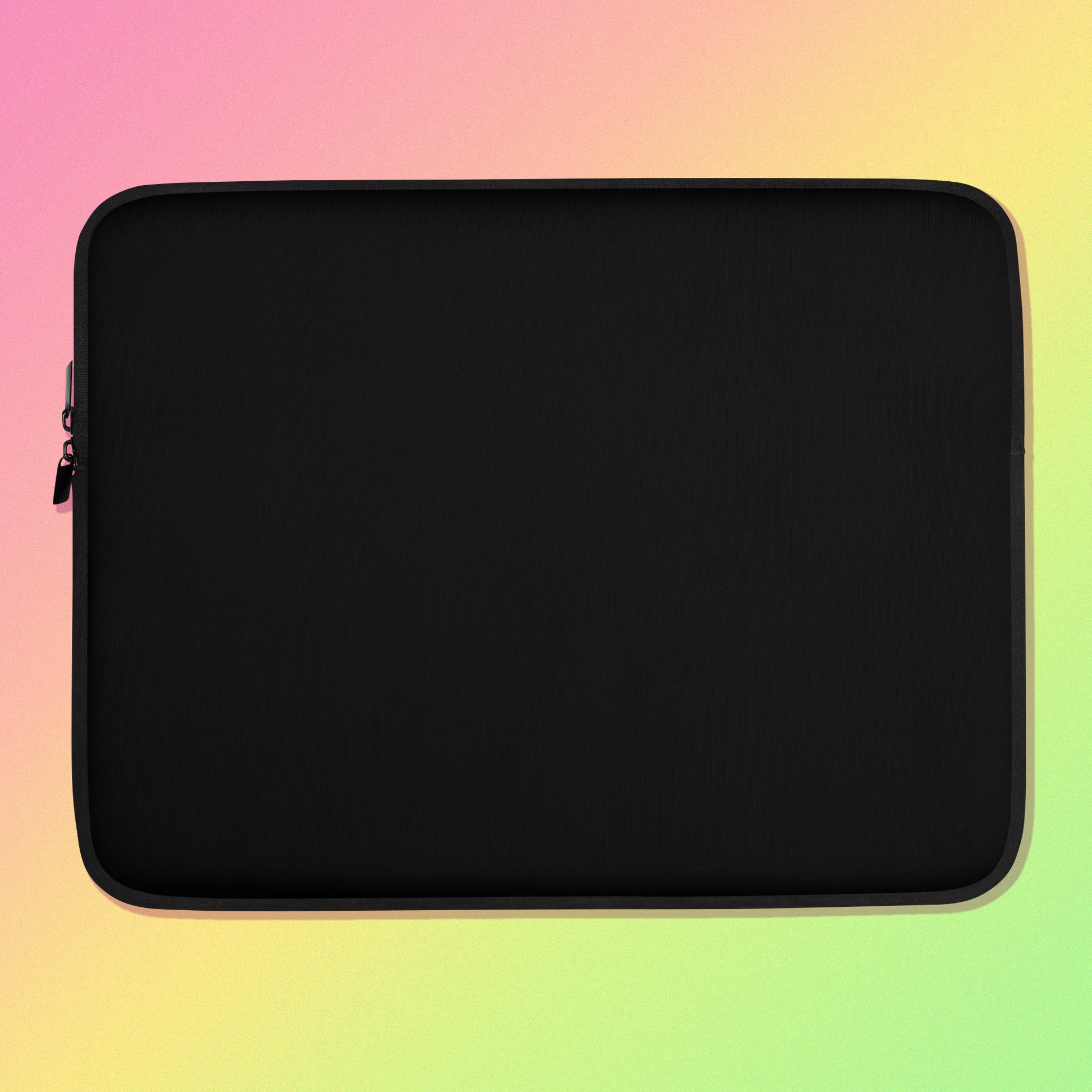 Laptop sleeve with plain black fabric on one side and a colourful rainbow, blue, green, red and pink Eastern Rosella pattern on the other on on a pink, yellow and green gradient background.