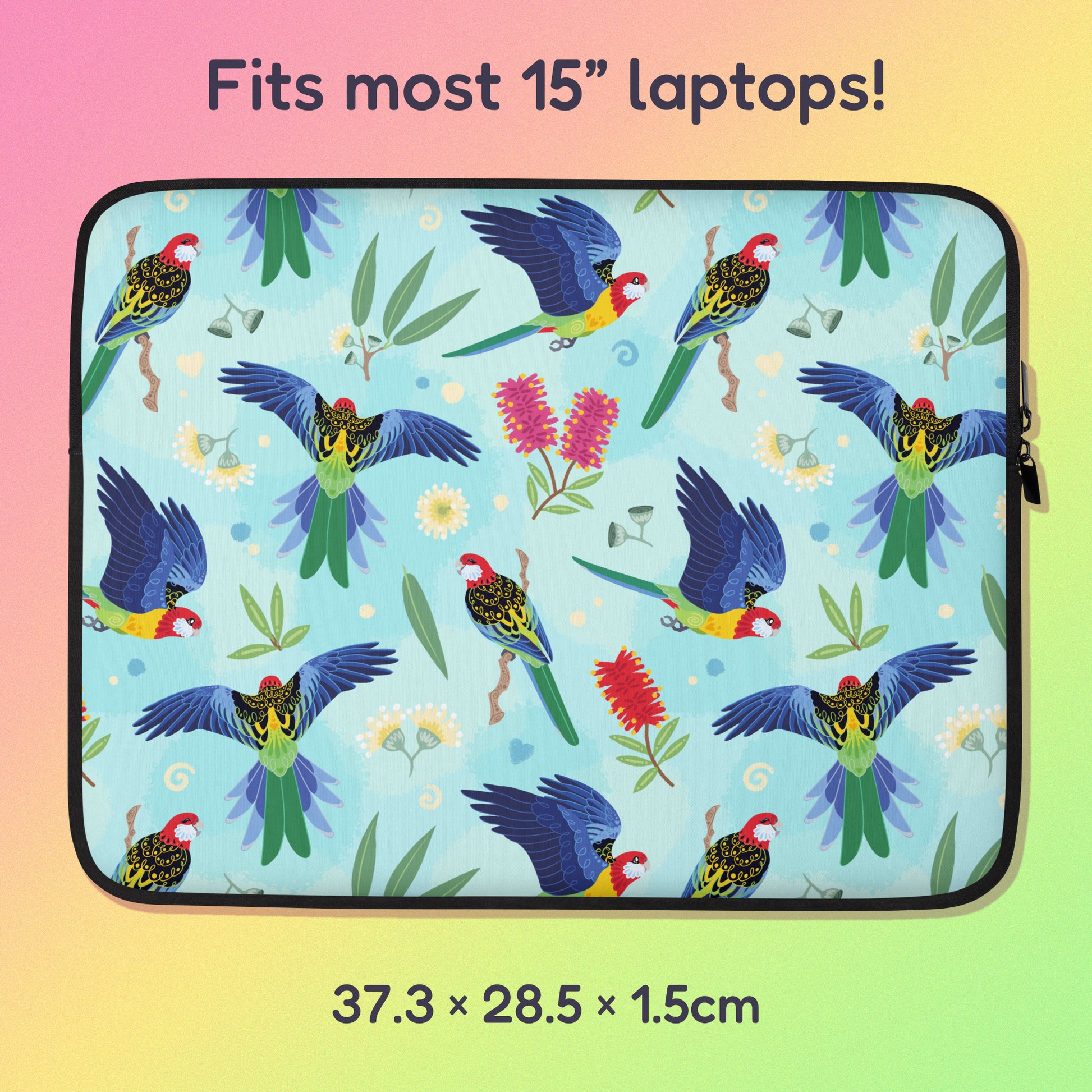 37.3 x 28.5 x 1.5cm 15" laptop sleeve with a colourful rainbow, blue, green, red and pink Eastern Rosella pattern on a pink, yellow and green gradient background.