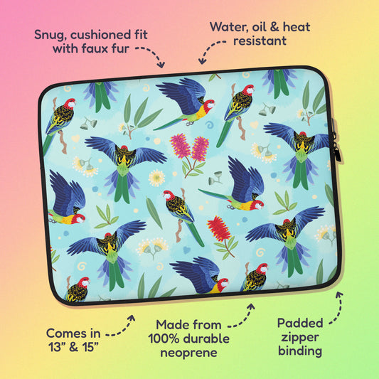 Features & benefits ('Snug, cushioned fit with faux fur', 'Water, oil and heat resistant', 'Comes in 13" & 15"', 'Made from 100% durable neoprene', 'Padded zipper lining') surrounding a laptop sleeve with a colourful rainbow, blue, green, red and pink Eastern Rosella pattern on a pink, yellow and green gradient background.