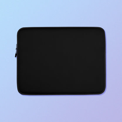 Laptop sleeve with plain black fabric on one side and a colourful rainbow kangaroo paw flower pattern on the other on a blue and purple gradient background.