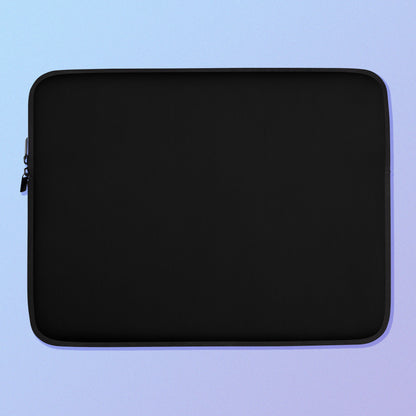 Laptop sleeve with plain black fabric on one side and a colourful rainbow kangaroo paw flower pattern on the other on a blue and purple gradient background.