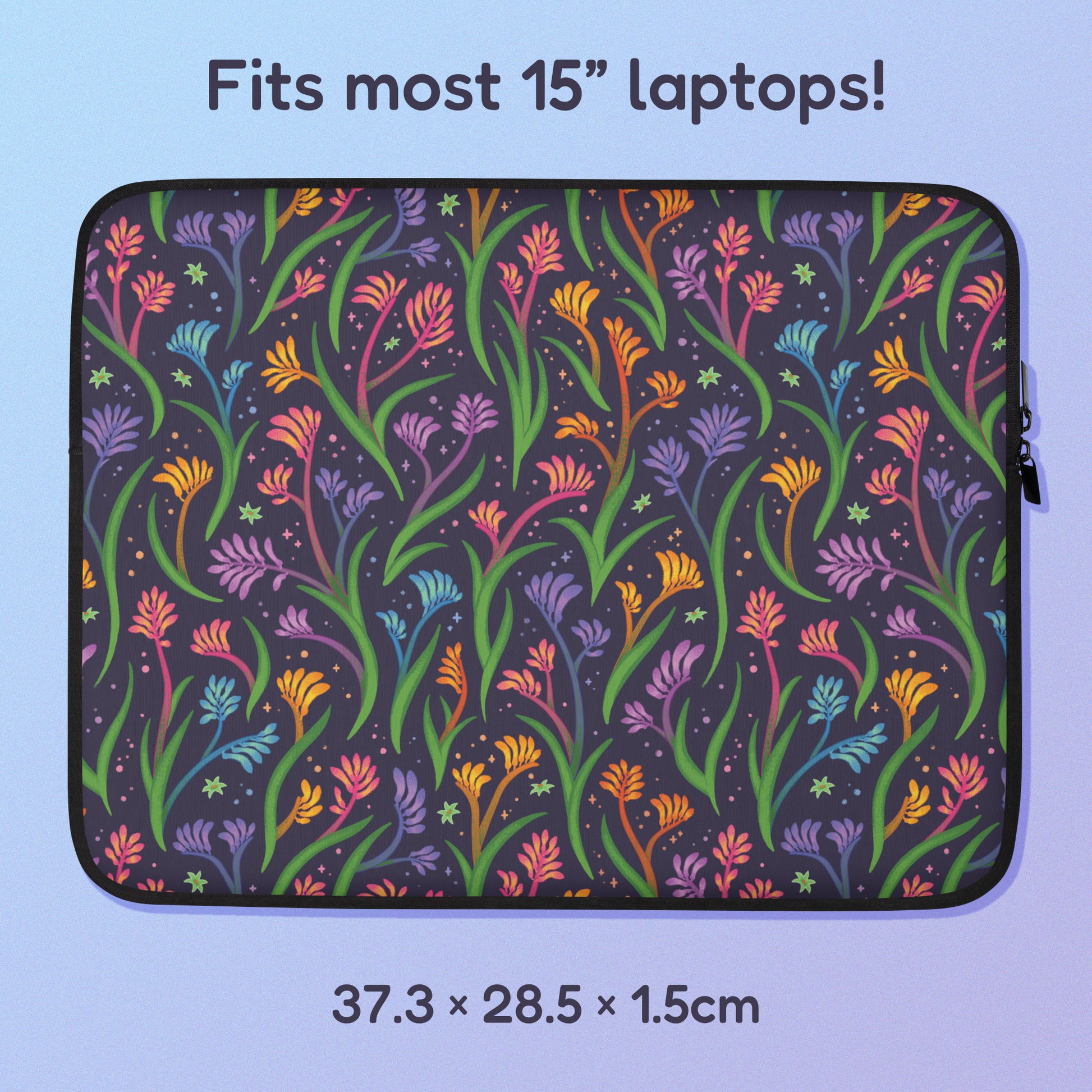 37.3 x 28.5 x 1.5cm 15" laptop sleeve with a colourful rainbow kangaroo paw flower pattern on a blue and purple gradient background.