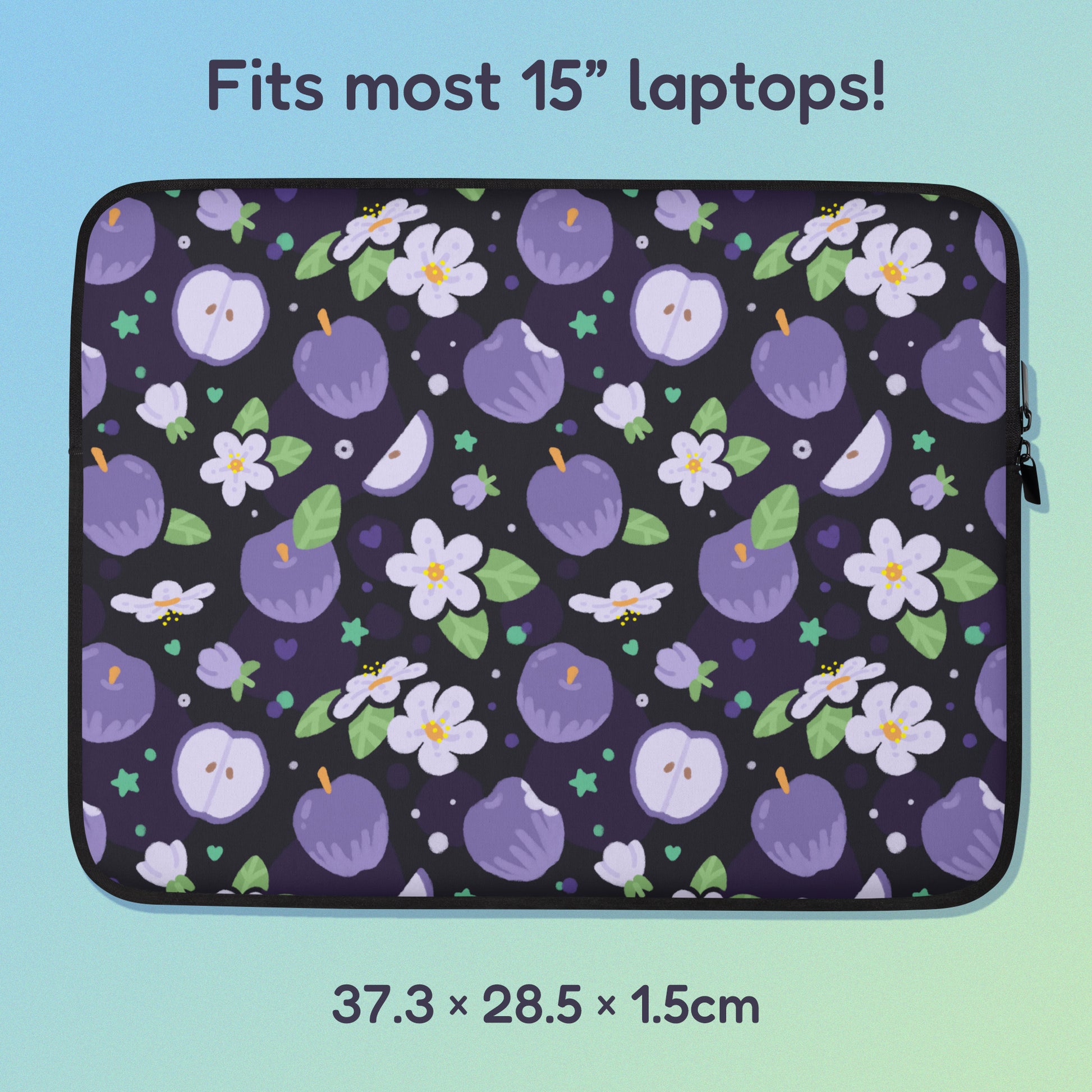 37.3 x 28.5 x 1.5cm 15" laptop sleeve with a colourful purple apples and apple blossoms pattern on a blue and green gradient background.