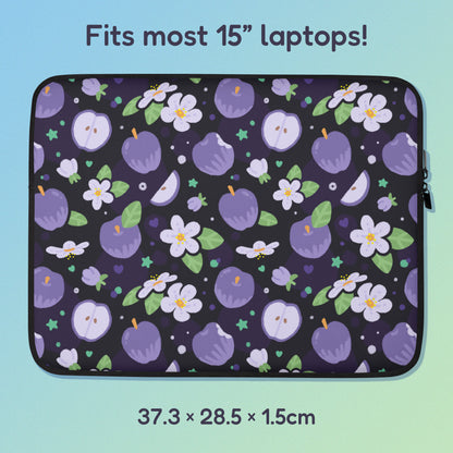 37.3 x 28.5 x 1.5cm 15" laptop sleeve with a colourful purple apples and apple blossoms pattern on a blue and green gradient background.