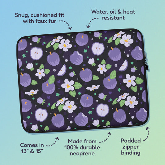 Features & benefits ('Snug, cushioned fit with faux fur', 'Water, oil and heat resistant', 'Comes in 13" & 15"', 'Made from 100% durable neoprene', 'Padded zipper lining') surrounding a laptop sleeve with a colourful purple apples and apple blossoms pattern on a blue and green gradient background.