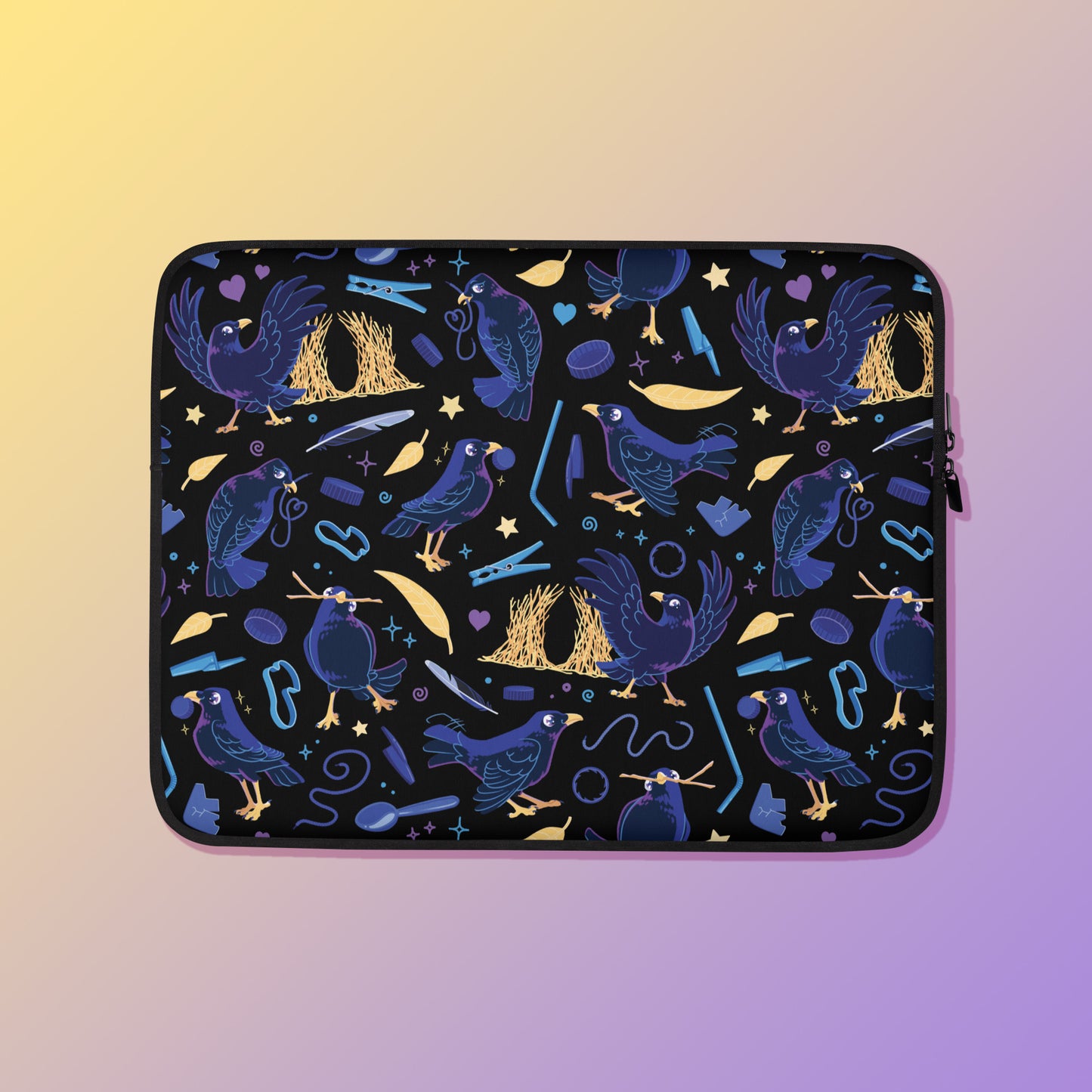 Laptop sleeve with a colourful purple, blue and yellow satin bowerbird pattern on a yellow and purple gradient background.