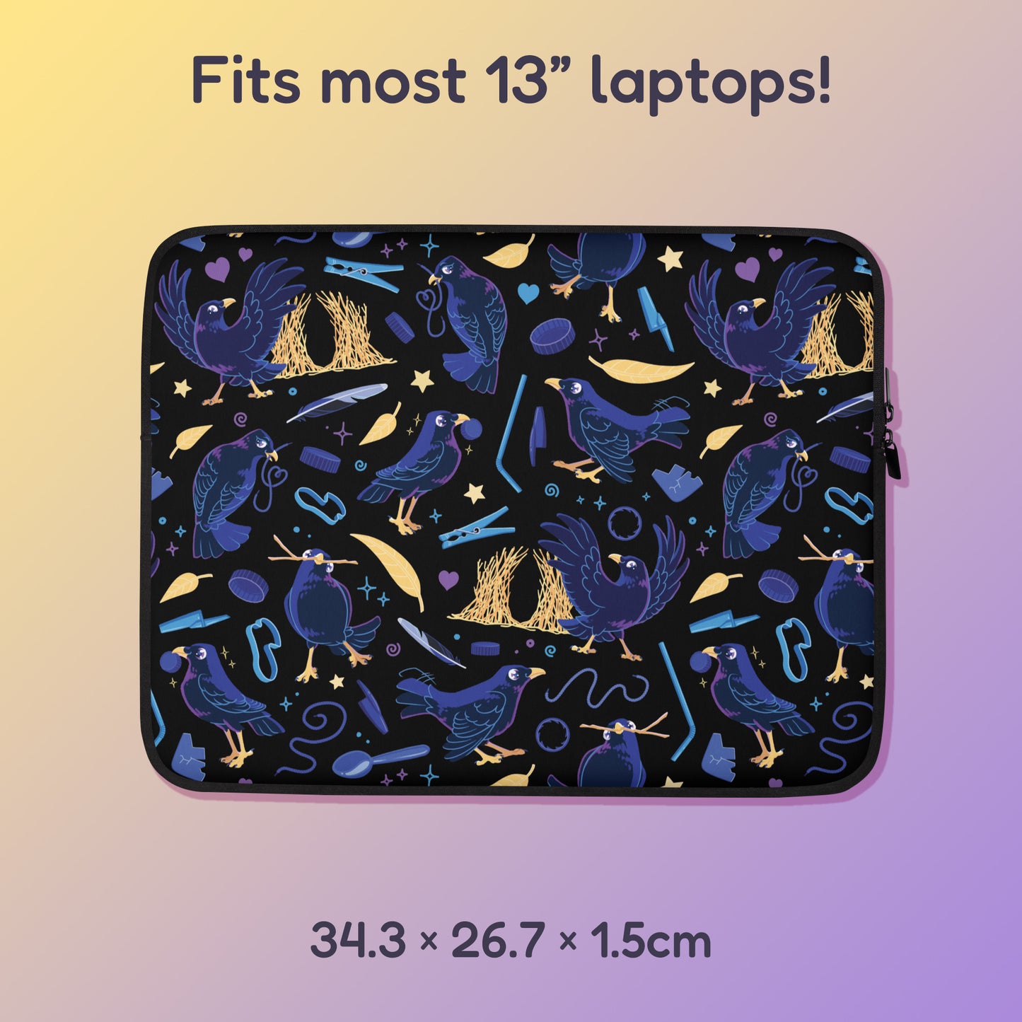 34.3 x 26.7 x 1.5cm 13" laptop sleeve with a colourful purple, blue and yellow satin bowerbird pattern on a yellow and purple gradient background.