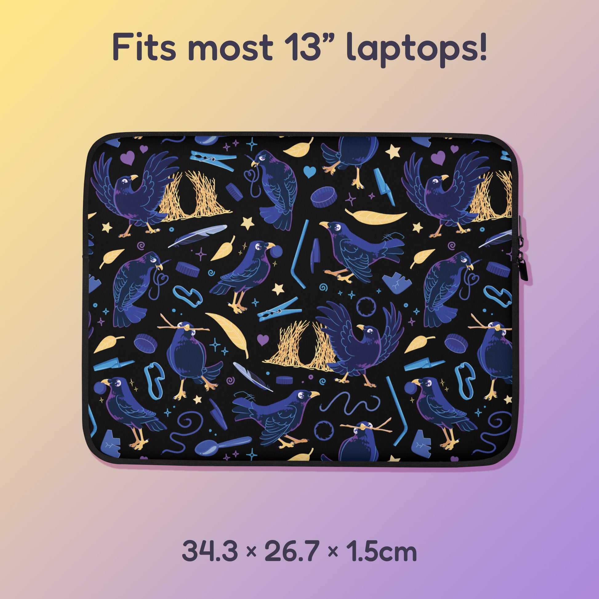 34.3 x 26.7 x 1.5cm 13" laptop sleeve with a colourful purple, blue and yellow satin bowerbird pattern on a yellow and purple gradient background.