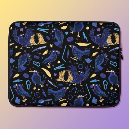 Laptop sleeve with a colourful purple, blue and yellow satin bowerbird pattern on a yellow and purple gradient background.