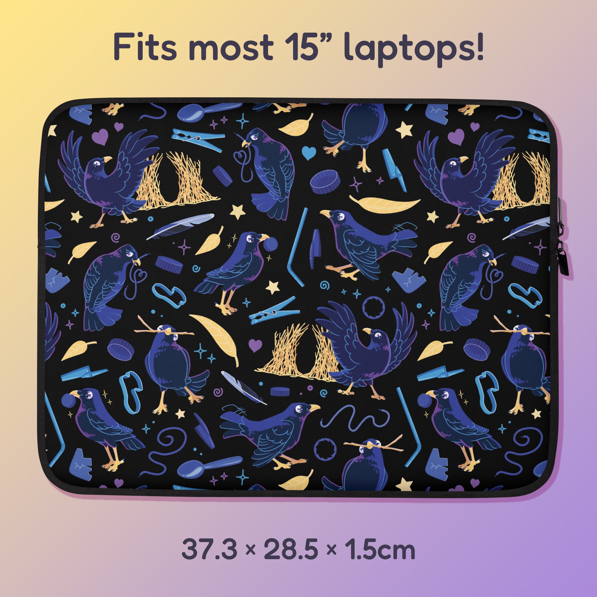 37.3 x 28.5 x 1.5cm 15" laptop sleeve with a colourful purple, blue and yellow satin bowerbird pattern on a yellow and purple gradient background.