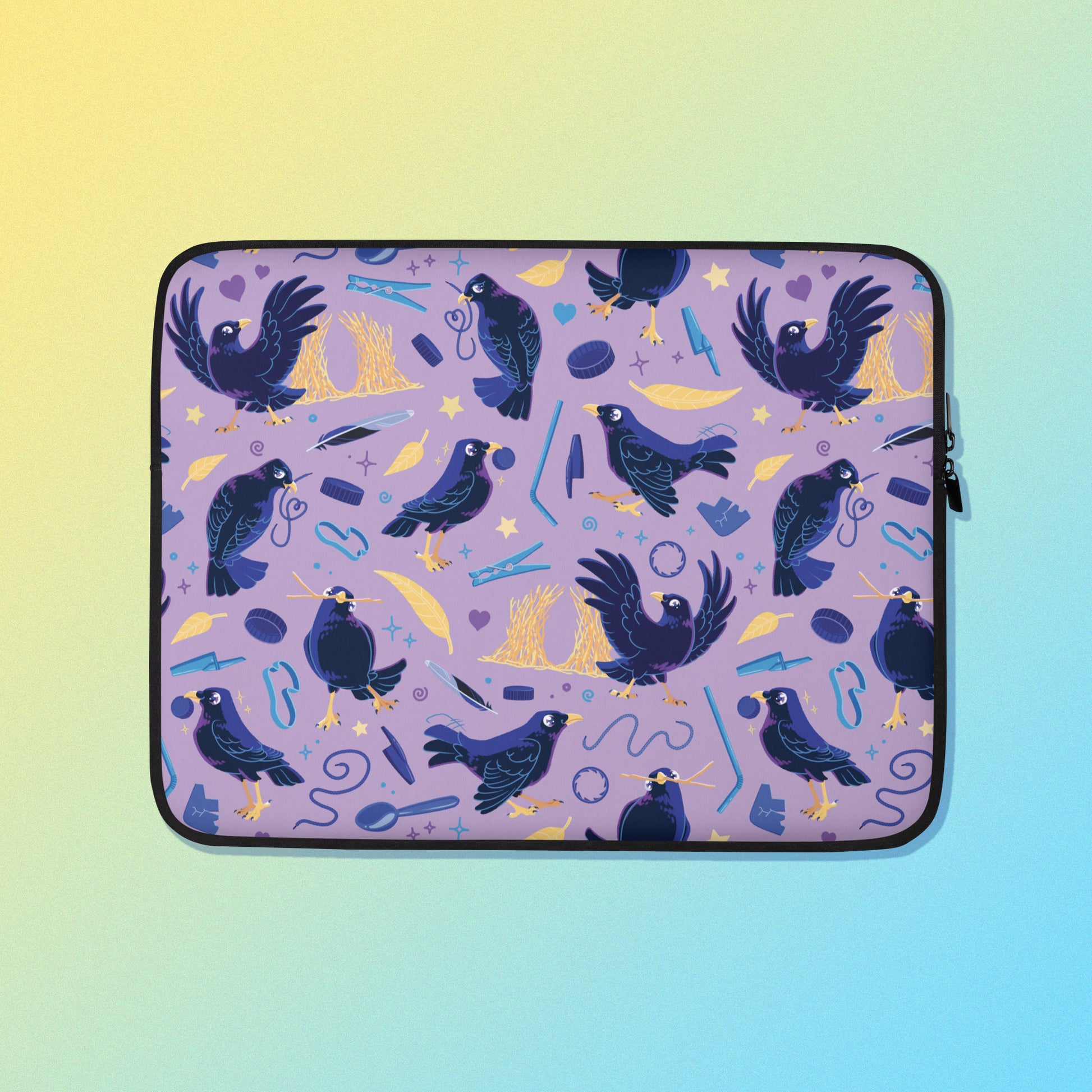 Laptop sleeve with a colourful purple, blue and yellow satin bowerbird pattern on a yellow and blue gradient background.