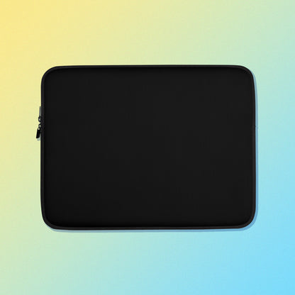 Laptop sleeve with a plain black colour on one side and a colourful purple, blue and yellow satin bowerbird pattern on the other on a yellow and blue gradient background.