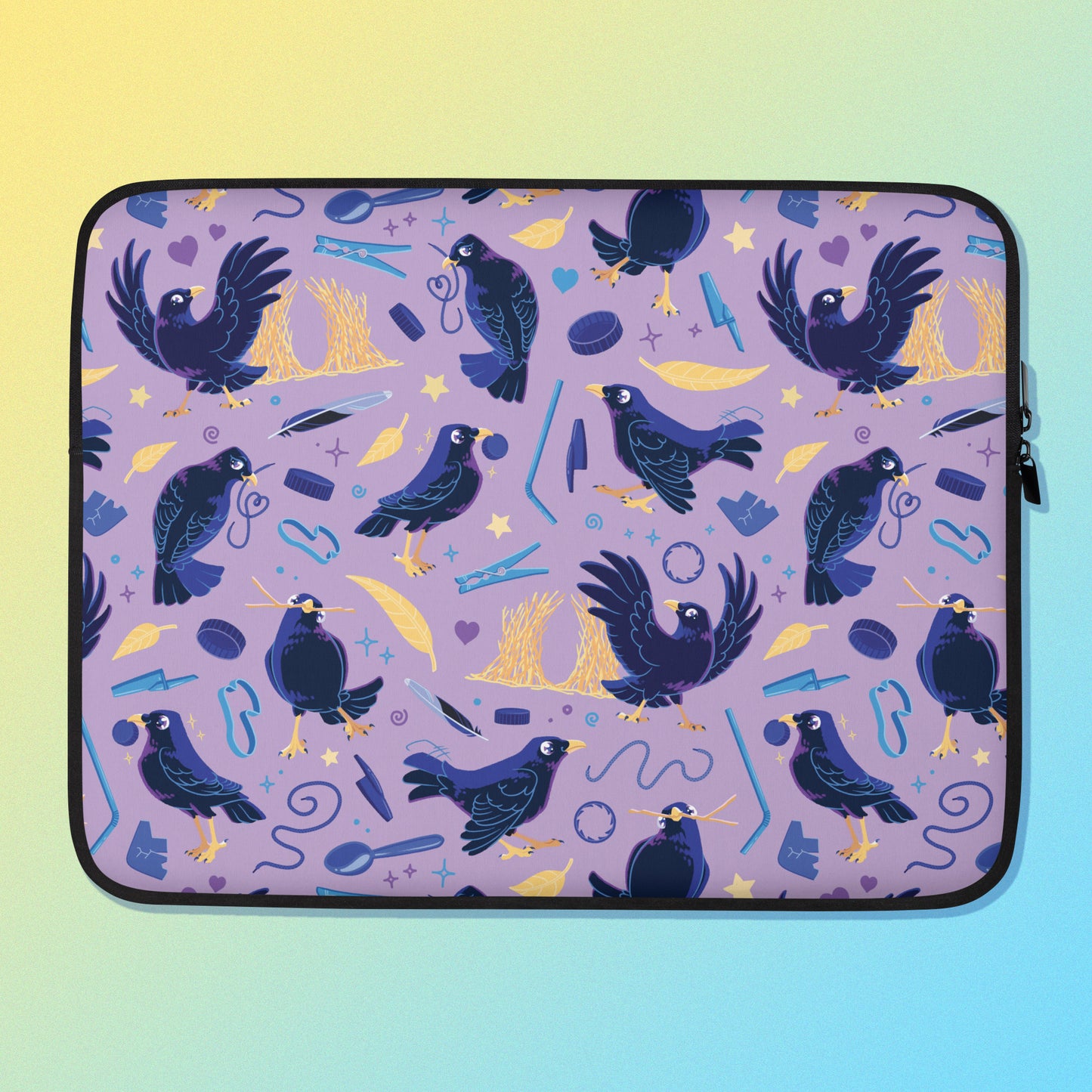 Laptop sleeve with a colourful purple, blue and yellow satin bowerbird pattern on a yellow and blue gradient background.