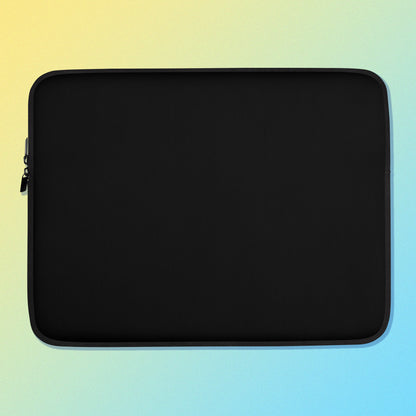 Laptop sleeve with a plain black colour on one side and a colourful purple, blue and yellow satin bowerbird pattern on the other on a yellow and blue gradient background.