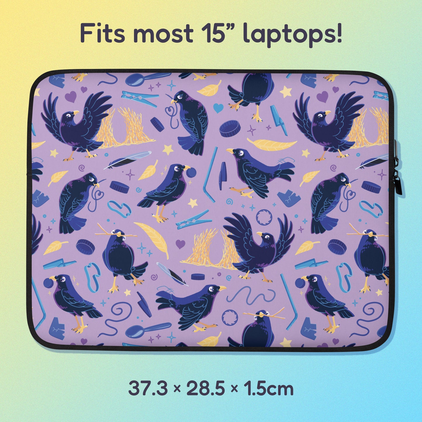 37.3 x 28.5 x 1.5cm 15" laptop sleeve with a colourful purple, blue and yellow satin bowerbird pattern on a yellow and blue gradient background.