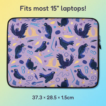 37.3 x 28.5 x 1.5cm 15" laptop sleeve with a colourful purple, blue and yellow satin bowerbird pattern on a yellow and blue gradient background.