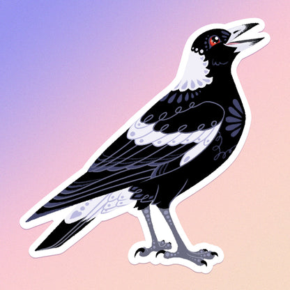 A cute and decorative sticker of an Australian magpie on a purple, pink and beige gradient background.