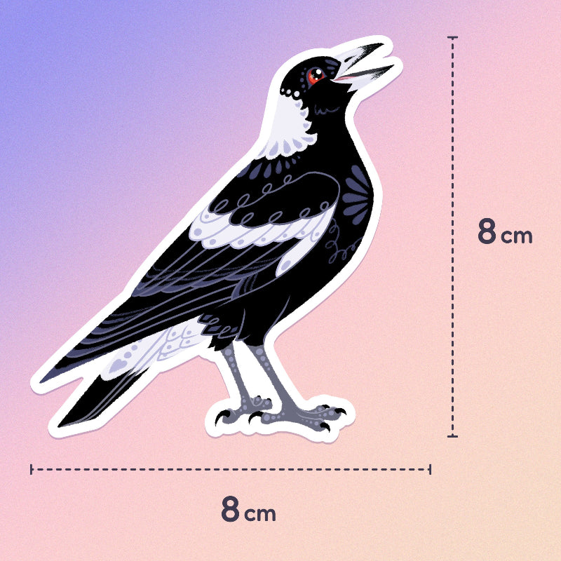 8 x 8cm cute and decorative sticker of an Australian magpie on a purple, pink and beige gradient background.