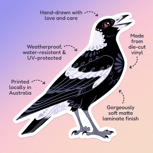 Features & benefits ('Hand-drawn with love and care', 'Made from die-cut vinyl', 'Gorgeously soft matte laminate finish', 'Weatherproof, water-resistant and UV-protected', 'Printed locally in Australia' surrounding a cute and decorative sticker of an Australian magpie on a purple, pink and beige gradient background.