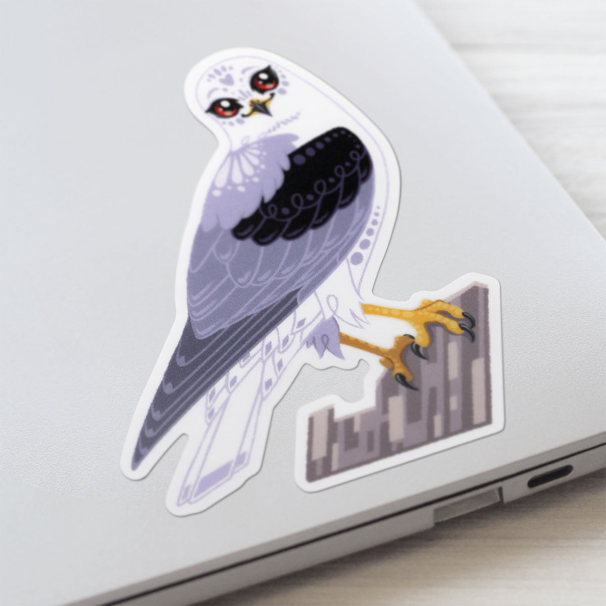 Closeup of a colourful sticker of a black-shouldered kite perched on a branch  stuck to a lid of a Macbook laptop on a textured white wood background.