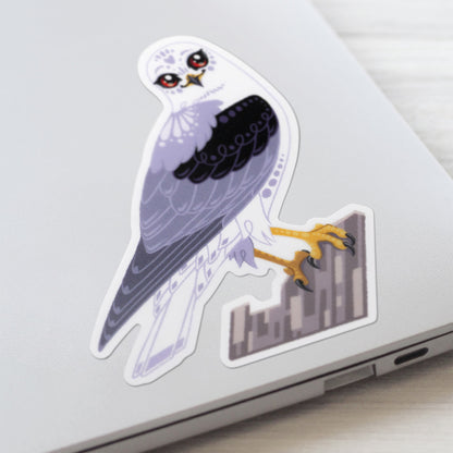 Closeup of a colourful sticker of a black-shouldered kite perched on a branch  stuck to a lid of a Macbook laptop on a textured white wood background.