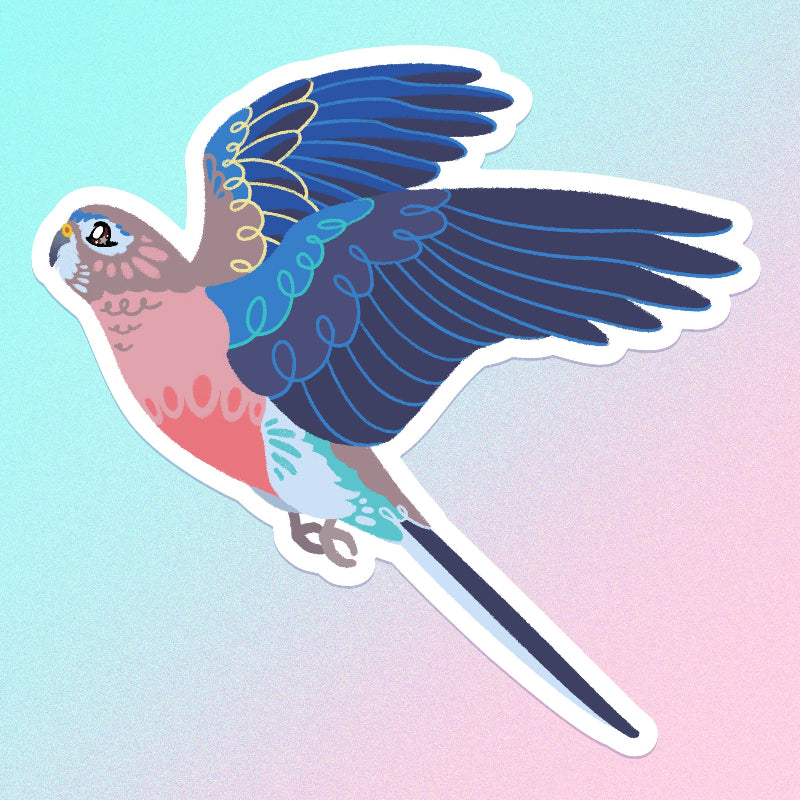 Colourful sticker of a Bourke's Parrot in flight on a blue and pink gradient background.