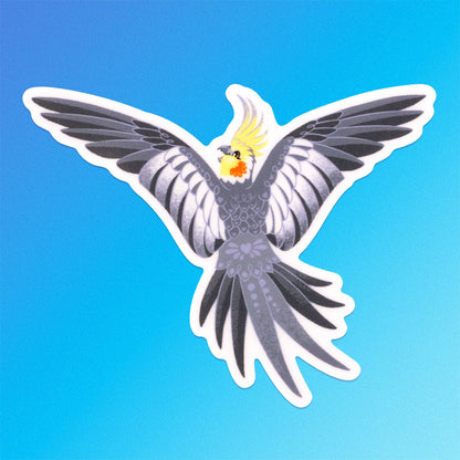 Colourful sticker of a male wild-type cockatiel spreading his wings wide on a blue and aqua gradient background.
