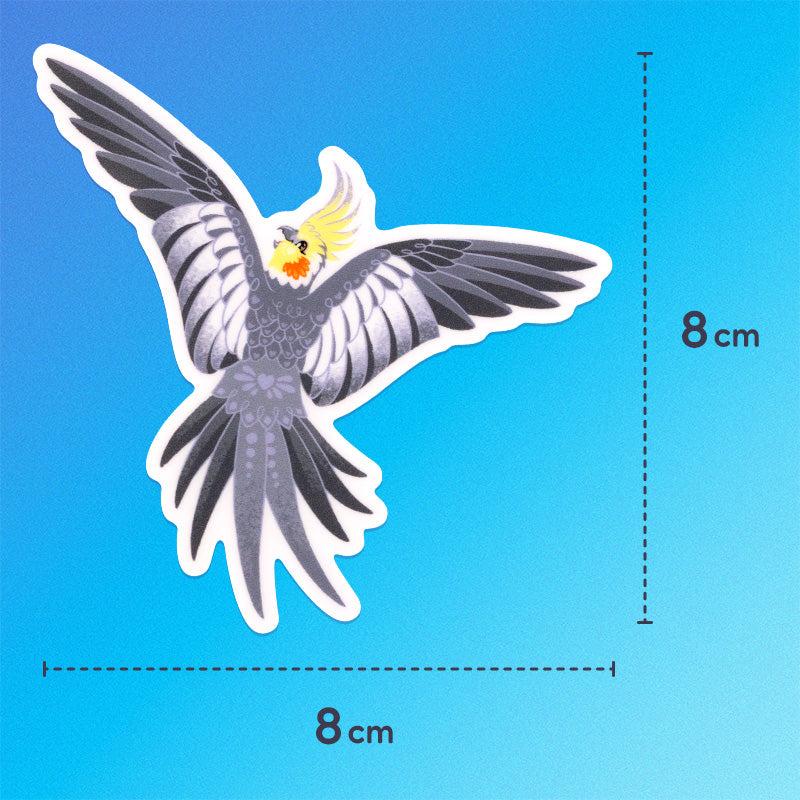 8x8cm colourful sticker of a male wild-type cockatiel spreading his wings wide on a blue and aqua gradient background.