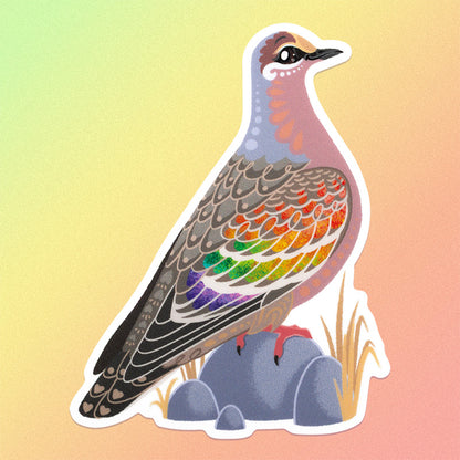 Colourful die-cut sticker of a male common bronzewing pigeon on a green, yellow and orange gradient background.