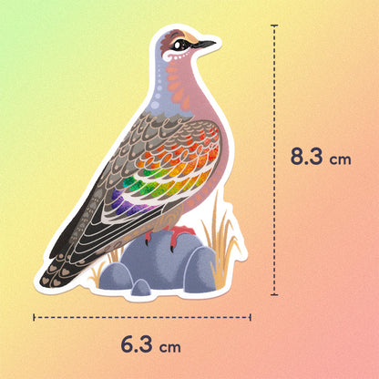 6.3x8.3cm colourful die-cut sticker of a male common bronzewing pigeon on a green, yellow and orange gradient background.