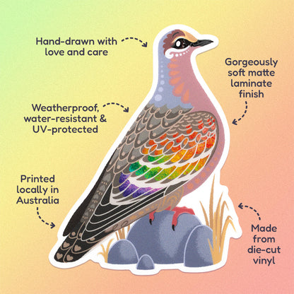 Features & benefits ('Hand-drawn with love and care', 'Made from die-cut vinyl', 'Gorgeously soft matte laminate finish', 'Weatherproof, water-resistant and UV-protected', 'Printed locally in Australia' surrounding a colourful die-cut sticker of a male common bronzewing pigeon on a green, yellow and orange gradient background.