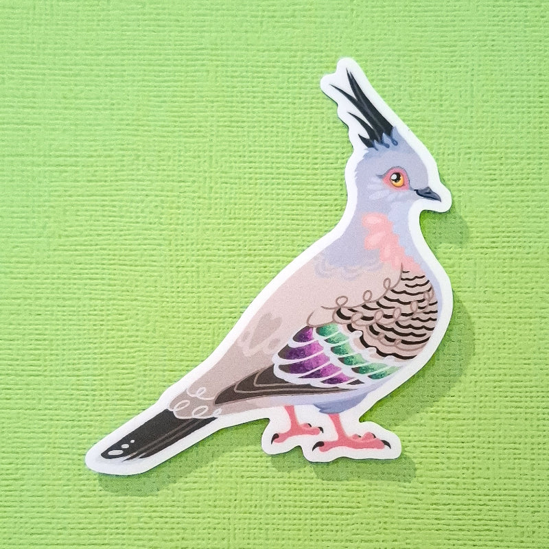 Real photo of a colourful sticker of a crested pigeon on a green canvas textured background.